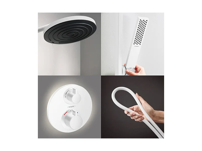 Colonne de douche thermostatique HANSGROHE Ecostat S Douche de tête Pulsify S Flexible Isiflex Douchette Pulsify E  blanc mat