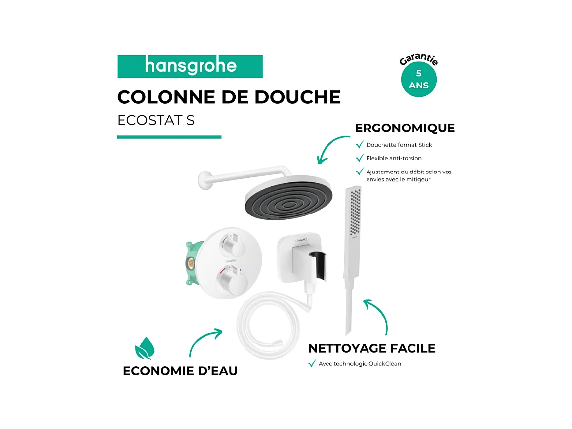 Colonne de douche thermostatique HANSGROHE Ecostat S Douche de tête Pulsify S Flexible Isiflex Douchette Pulsify E  blanc mat