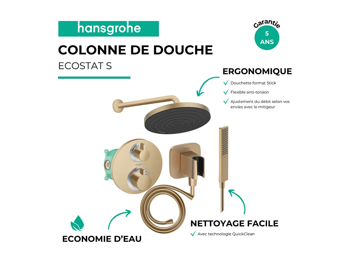 Colonne de douche thermostatique HANSGROHE Ecostat S Douche de tête Pulsify S Flexible Isiflex Douchette Pulsify E  bronze brossé