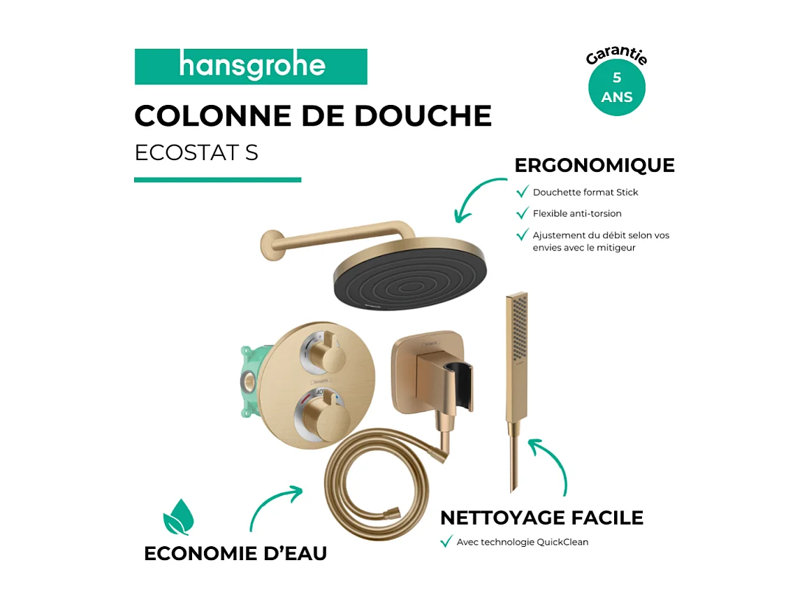 Colonne de douche thermostatique HANSGROHE Ecostat S Douche de tête Pulsify S Flexible Isiflex Douchette Pulsify E  bronze brossé