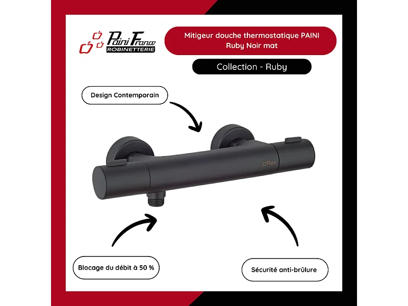 Mitigeur douche thermostatique PAINI Ruby Noir mat