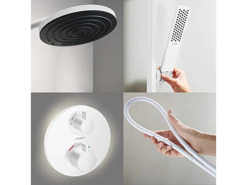 Colonne de douche thermostatique HANSGROHE Ecostat S Douche de tête Pulsify S Flexible Designflex Douchette Pulsify E  blanc mat