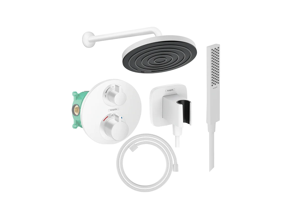 Colonne de douche thermostatique HANSGROHE Ecostat S Douche de tête Pulsify S Flexible Designflex Douchette Pulsify E  blanc mat