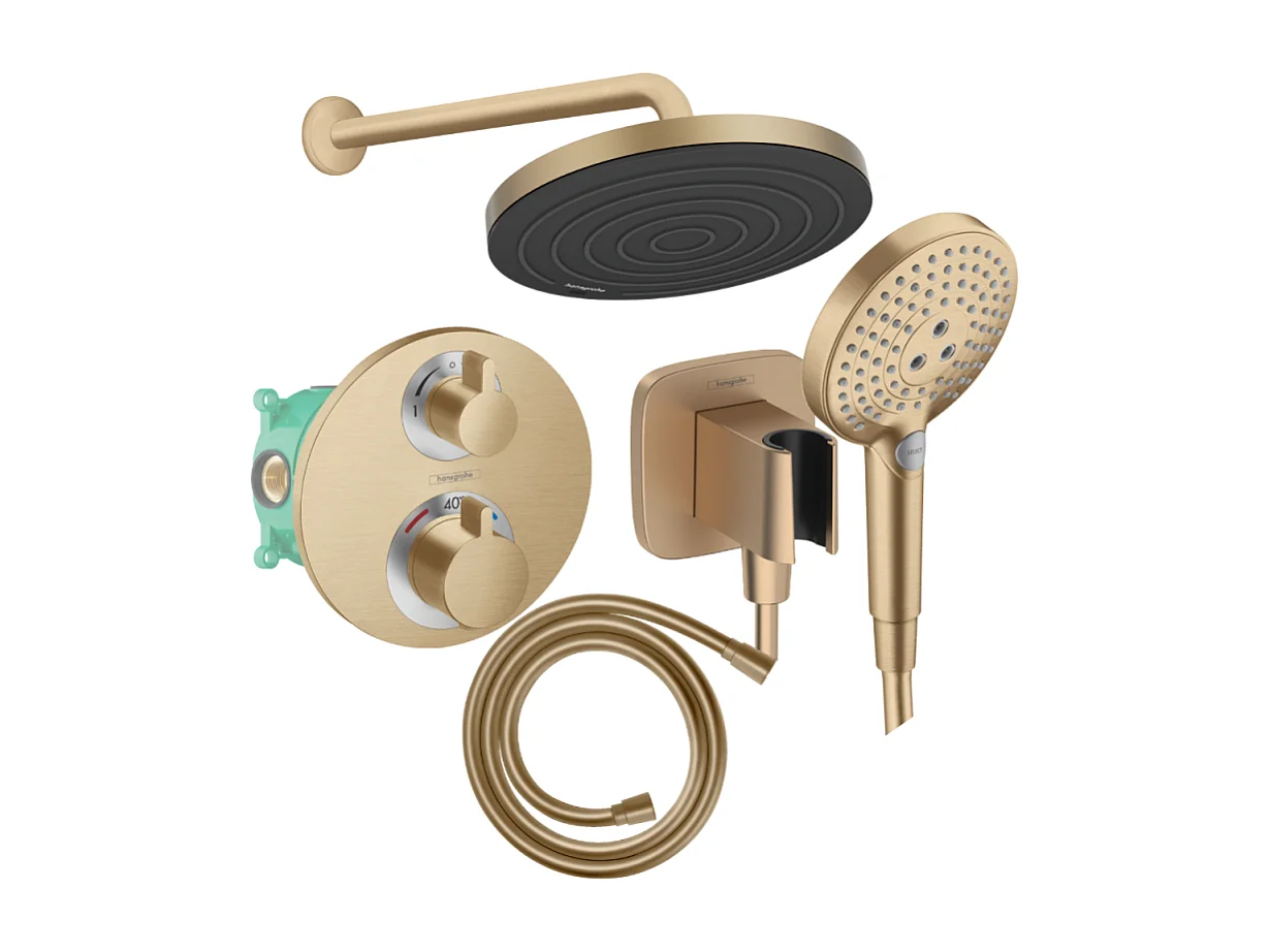 Colonne de douche thermostatique HANSGROHE Ecostat S Douche de tête Pulsify S Flexible Isiflex Douchette Raindance Select S bronze