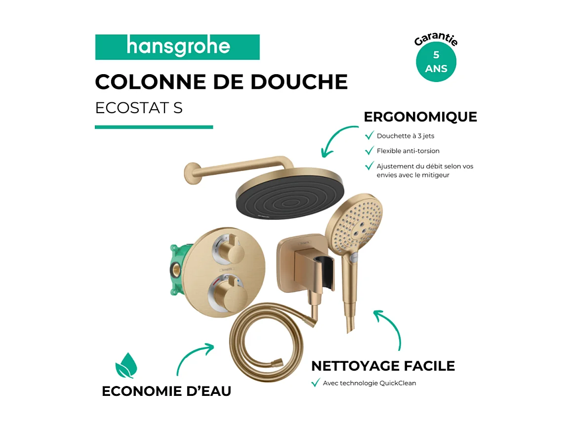 Colonne de douche thermostatique HANSGROHE Ecostat S Douche de tête Pulsify S Flexible Isiflex Douchette Raindance Select S bronze
