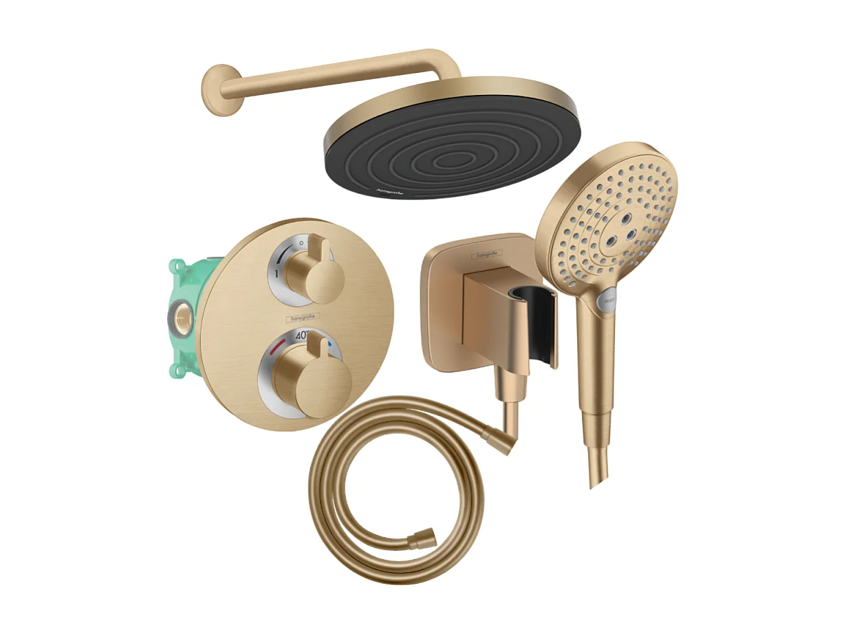 Colonne de douche thermostatique HANSGROHE Ecostat S Douche de tête Pulsify S Flexible Isiflex Douchette Raindance Select S bronze