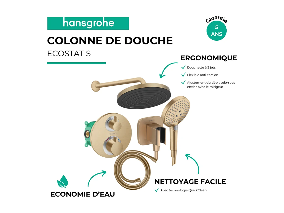 Colonne de douche thermostatique HANSGROHE Ecostat S Douche de tête Pulsify S Flexible Isiflex Douchette Raindance Select S bronze