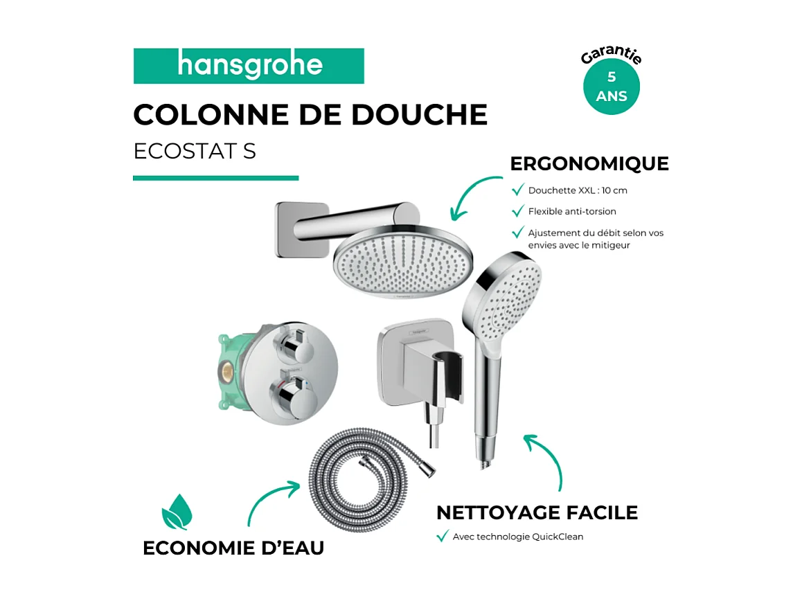 Colonne de douche thermostatique HANSGROHE Ecostat S Douche de tête Crometta S Flexible Metaflex Douchette Crometta chromé