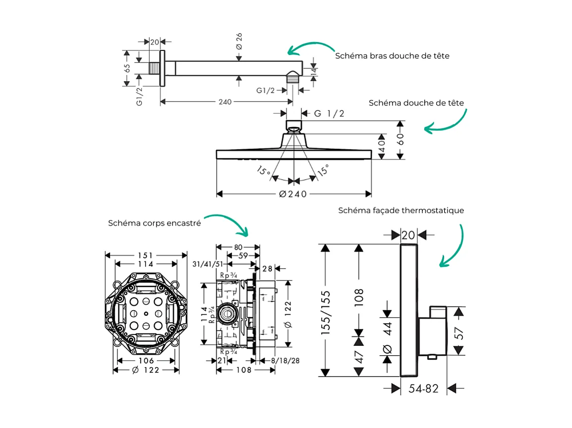 Colonne de douche thermostatique HANSGROHE Ecostat S Douche de tête Crometta S Flexible Metaflex Douchette Crometta chromé