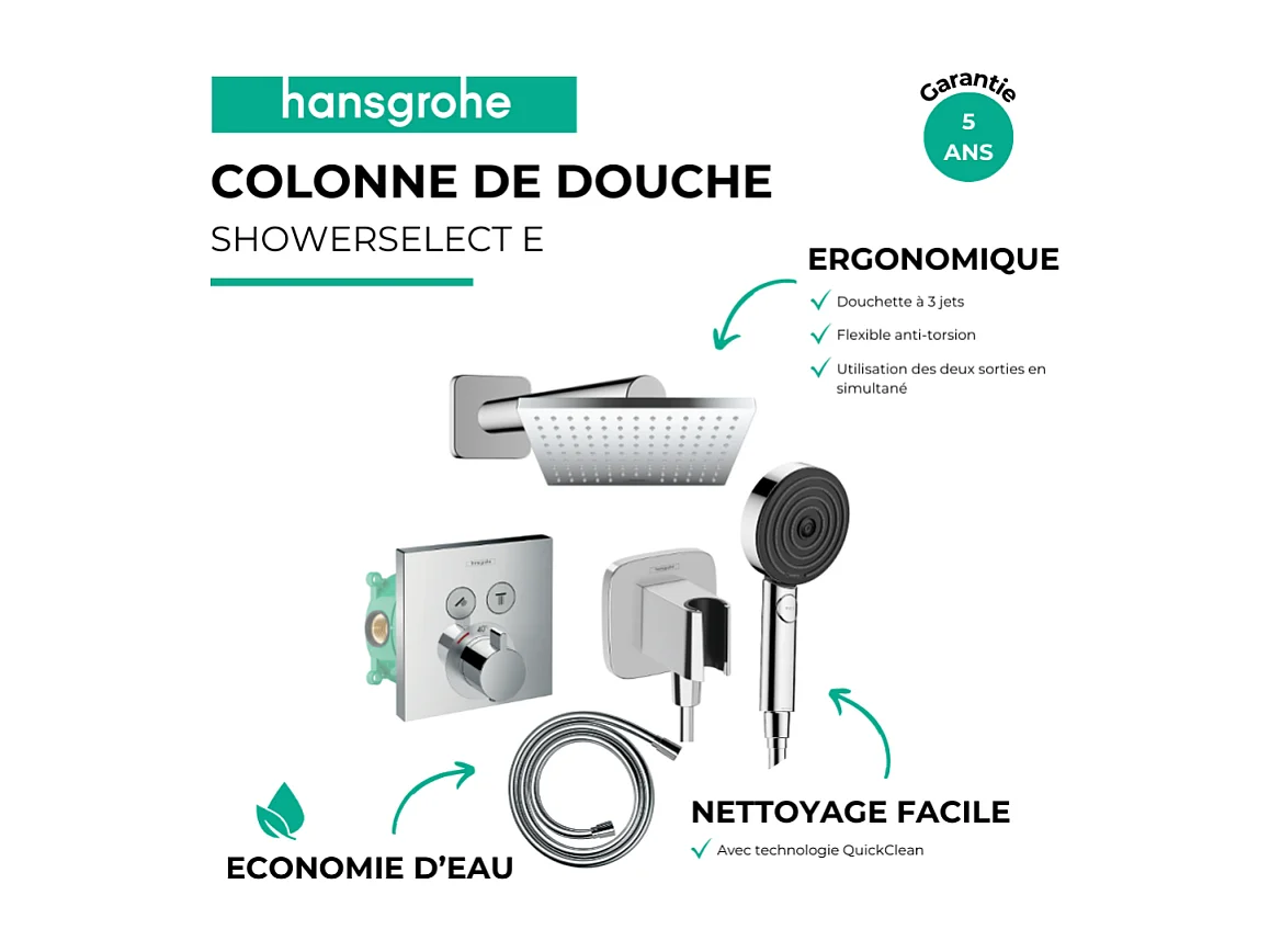 Colonne de douche thermostatique HANSGROHE ShowerSelect E Douche de tête Vernis Shape Flexible Isiflex Douchette Pulsify chromé