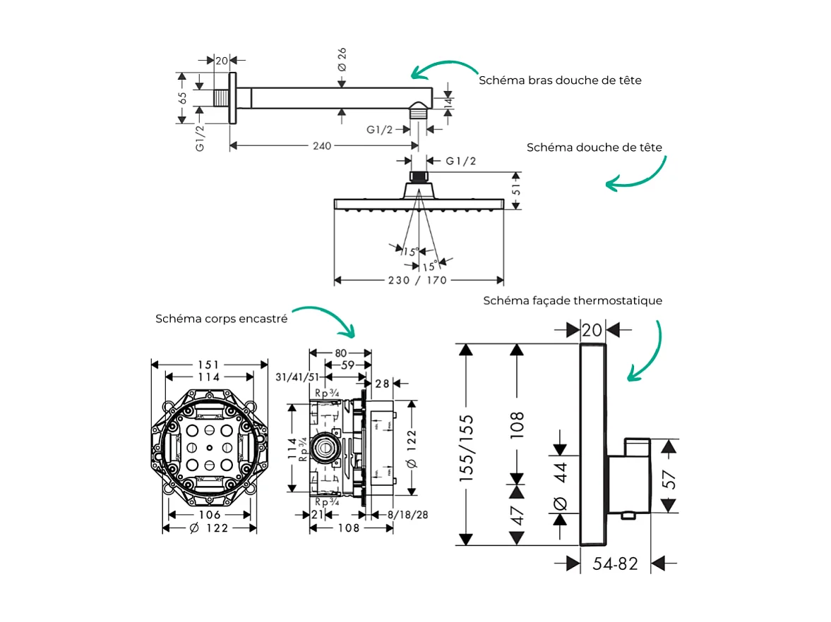 Colonne de douche thermostatique HANSGROHE ShowerSelect E Douche de tête Vernis Shape Flexible Isiflex Douchette Pulsify chromé