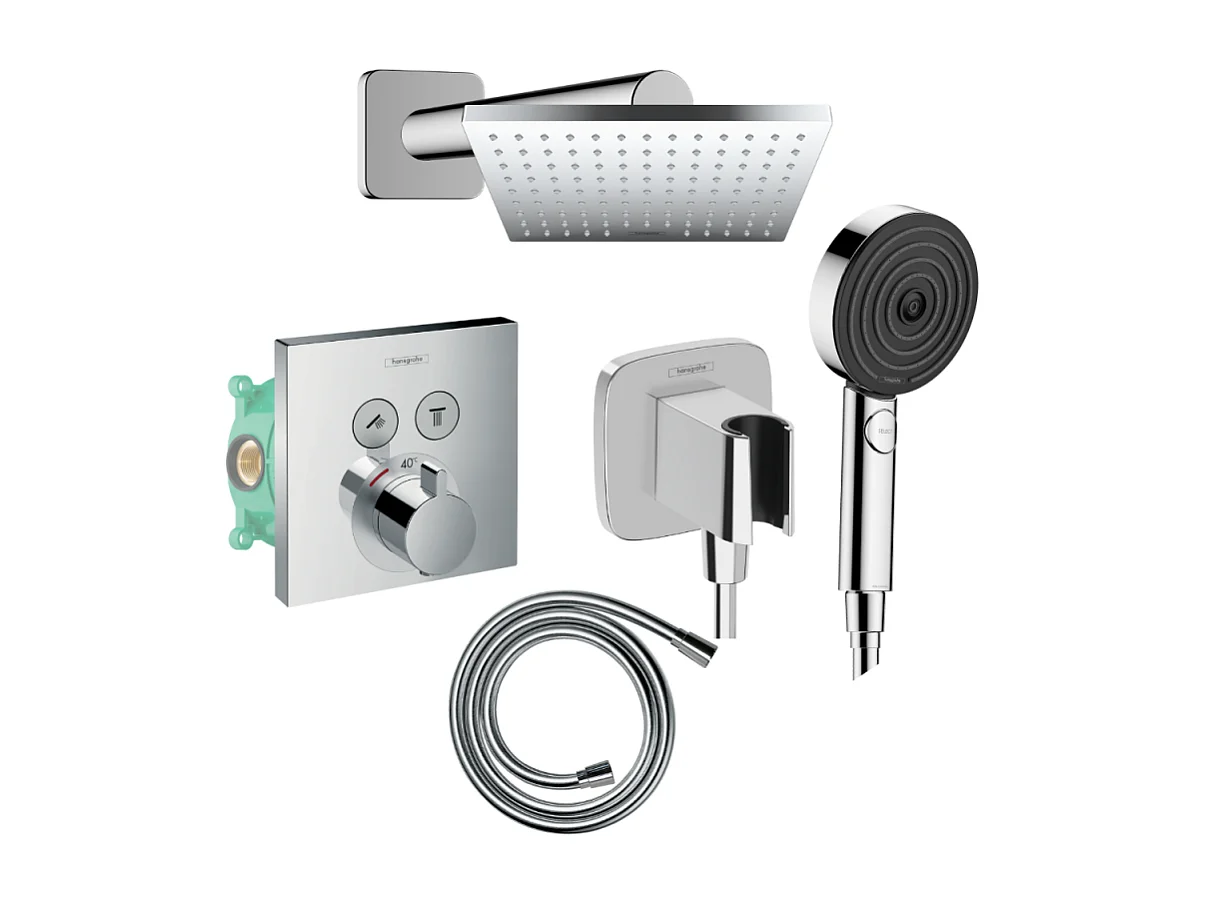 Colonne de douche thermostatique HANSGROHE ShowerSelect E Douche de tête Vernis Shape Flexible Isiflex Douchette Pulsify chromé