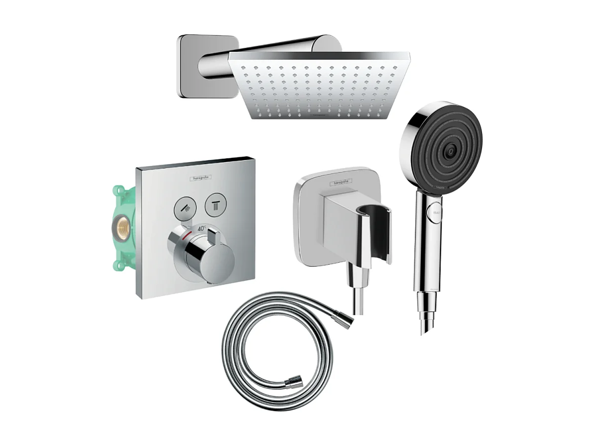Colonne de douche thermostatique HANSGROHE ShowerSelect E Douche de tête Vernis Shape Flexible Isiflex Douchette Pulsify chromé
