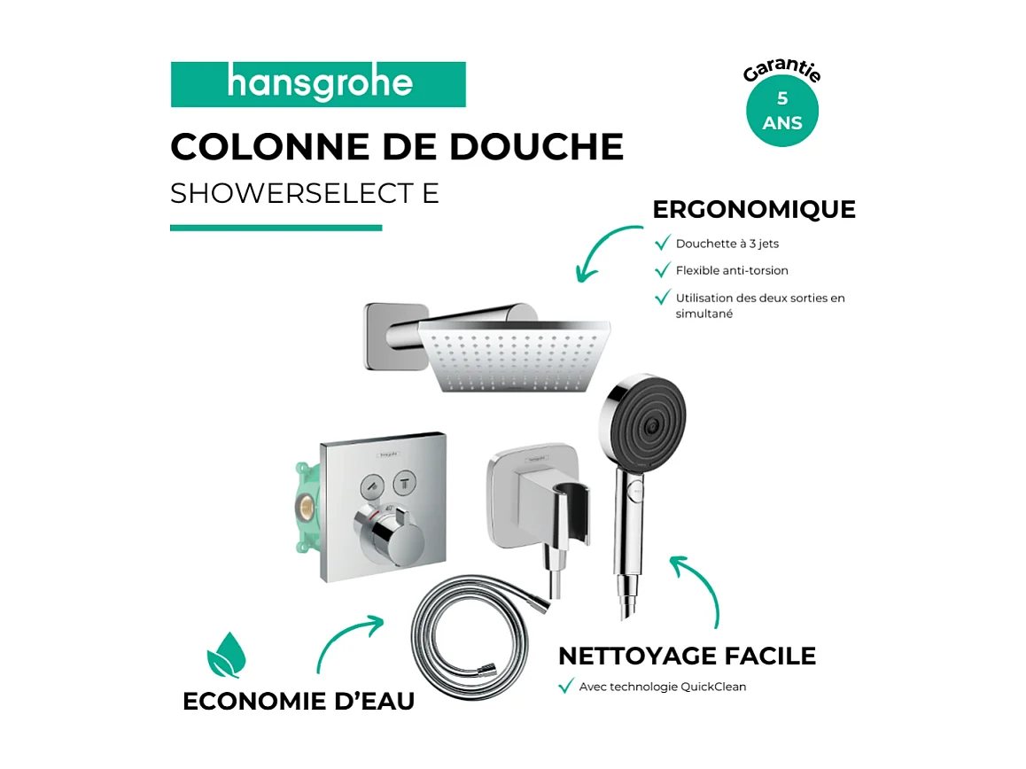 Colonne de douche thermostatique HANSGROHE ShowerSelect E Douche de tête Vernis Shape Flexible Isiflex Douchette Pulsify chromé