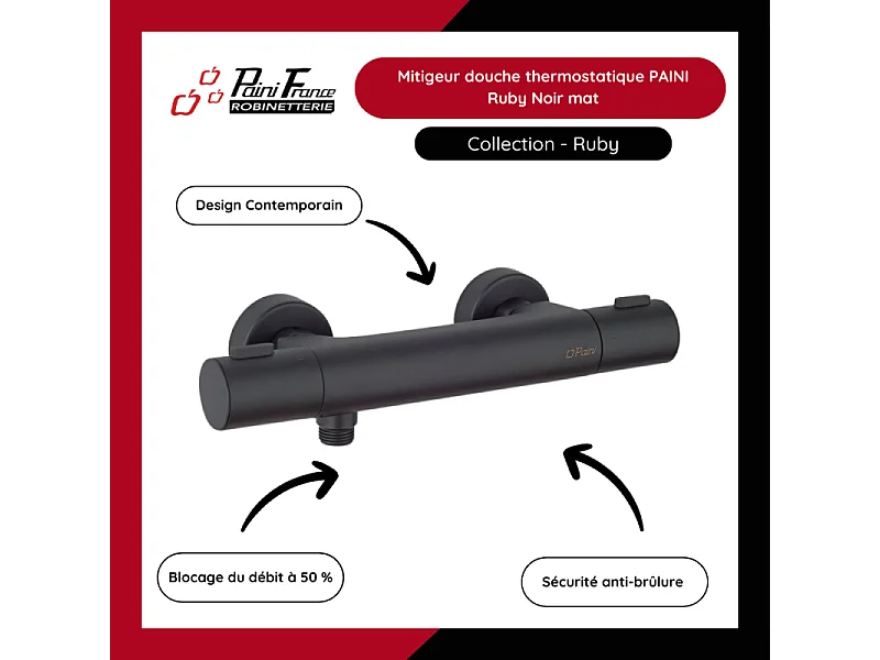 Mitigeur douche thermostatique PAINI Ruby + Pack pommeau de douche rond 3 jets Paini Ruby Noir Mat