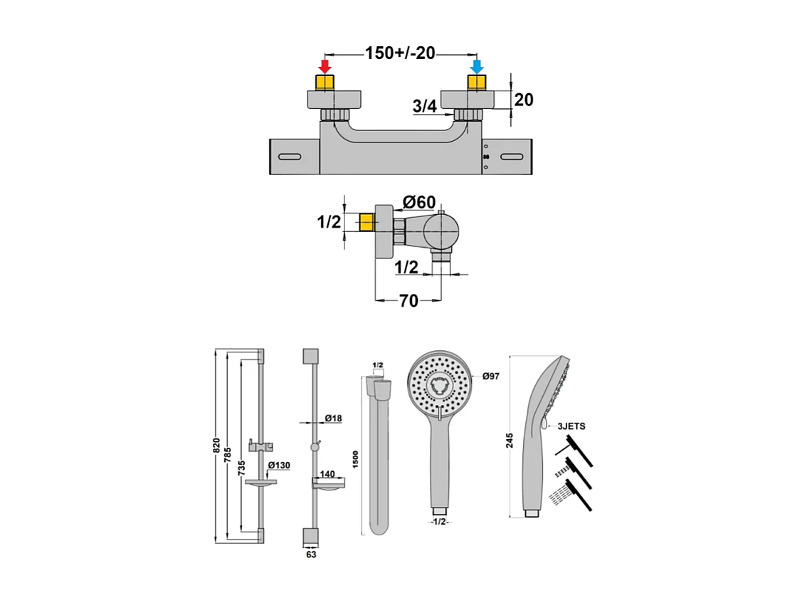 Mitigeur douche thermostatique PAINI Ruby + Pack pommeau de douche rond 3 jets Paini Ruby Noir Mat