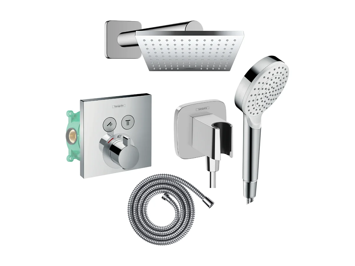 Colonne de douche thermostatique HANSGROHE ShowerSelect E Douche de tête Vernis Shape Flexible Metaflex Douchette Crometta chromé