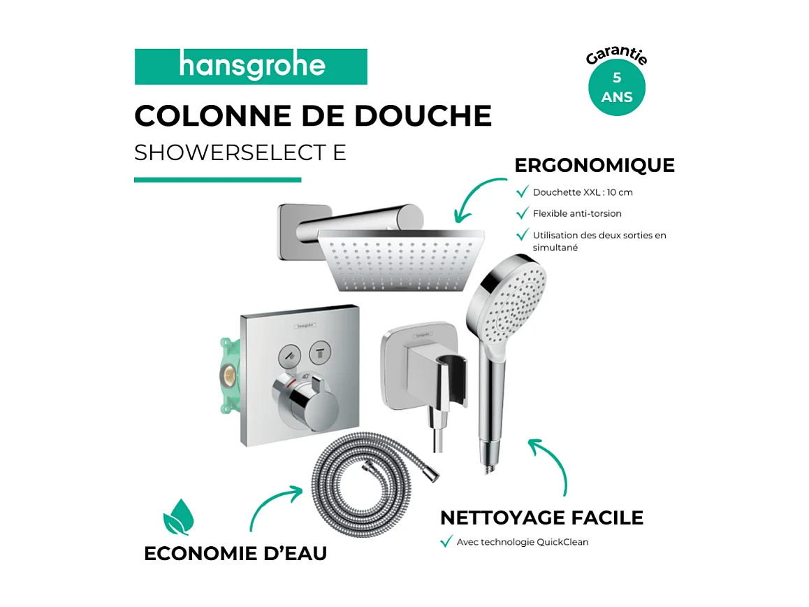 Colonne de douche thermostatique HANSGROHE ShowerSelect E Douche de tête Vernis Shape Flexible Metaflex Douchette Crometta chromé
