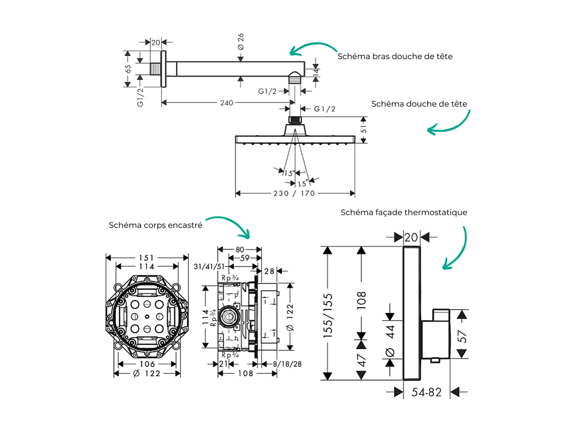 Colonne de douche thermostatique HANSGROHE ShowerSelect E Douche de tête Vernis Shape Flexible Metaflex Douchette Crometta chromé