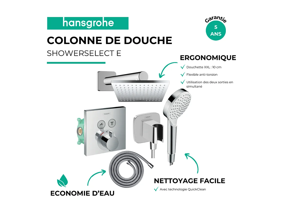 Colonne de douche thermostatique HANSGROHE ShowerSelect E Douche de tête Vernis Shape Flexible Metaflex Douchette Crometta chromé
