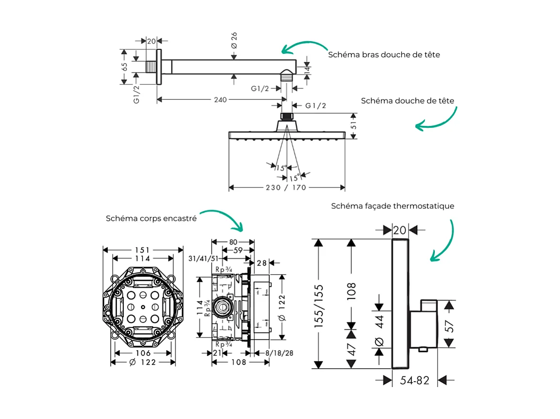 Colonne de douche thermostatique HANSGROHE ShowerSelect E Douche de tête Vernis Shape Flexible Metaflex Douchette Crometta chromé