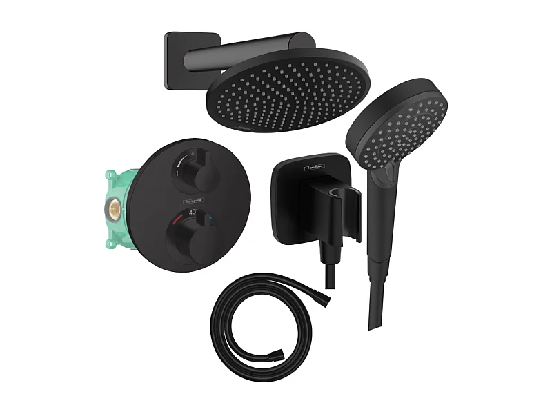 Colonne de douche thermostatique HANSGROHE Ecostat S Douche de tête Crometta S Flexible Isiflex Douchette Vernis Blend noir mat