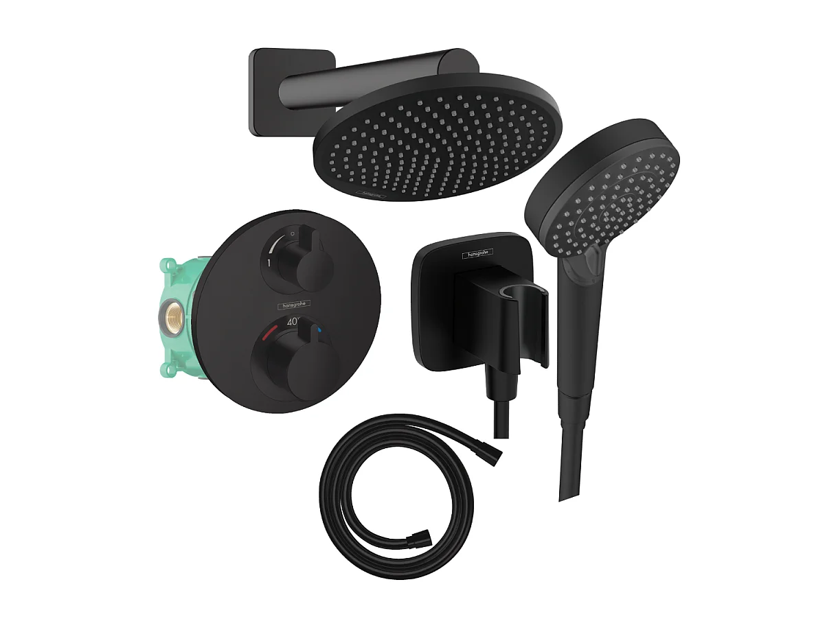 Colonne de douche thermostatique HANSGROHE Ecostat S Douche de tête Crometta S Flexible Isiflex Douchette Vernis Blend noir mat