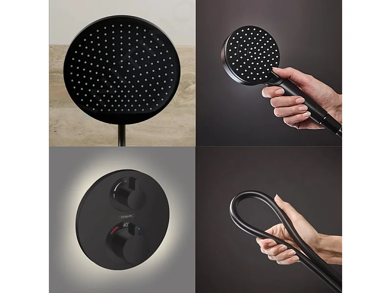 Colonne de douche thermostatique HANSGROHE Ecostat S Douche de tête Crometta S Flexible Isiflex Douchette Vernis Blend noir mat