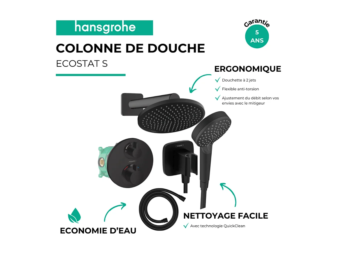 Colonne de douche thermostatique HANSGROHE Ecostat S Douche de tête Crometta S Flexible Isiflex Douchette Vernis Blend noir mat
