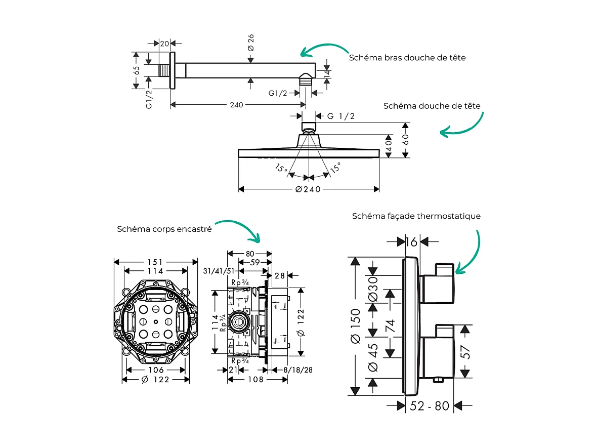 Colonne de douche thermostatique HANSGROHE Ecostat S Douche de tête Crometta S Flexible Isiflex Douchette Vernis Blend noir mat