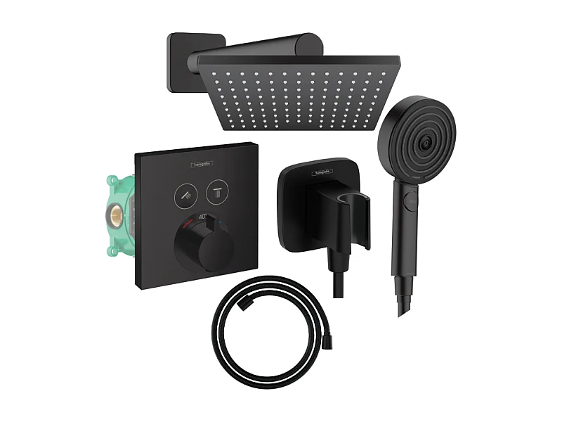 Colonne de douche thermostatique HANSGROHE ShowerSelect E Douche de tête Vernis Shape Flexible Designflex Douchette Pulsify noir