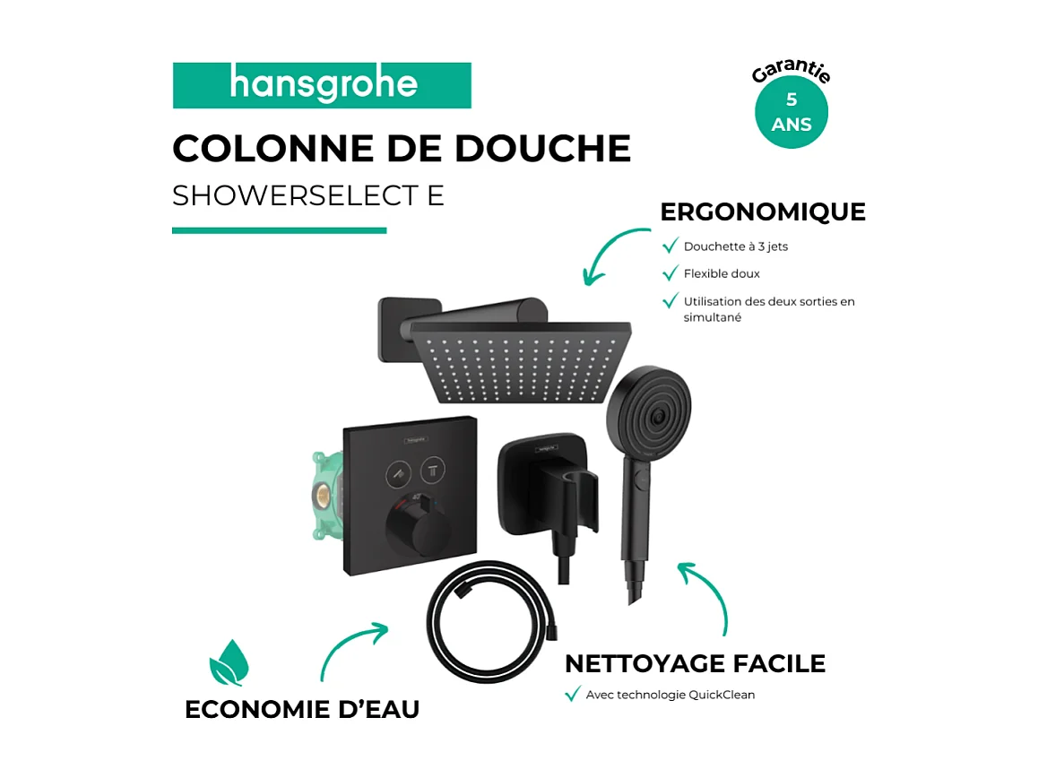 Colonne de douche thermostatique HANSGROHE ShowerSelect E Douche de tête Vernis Shape Flexible Designflex Douchette Pulsify noir