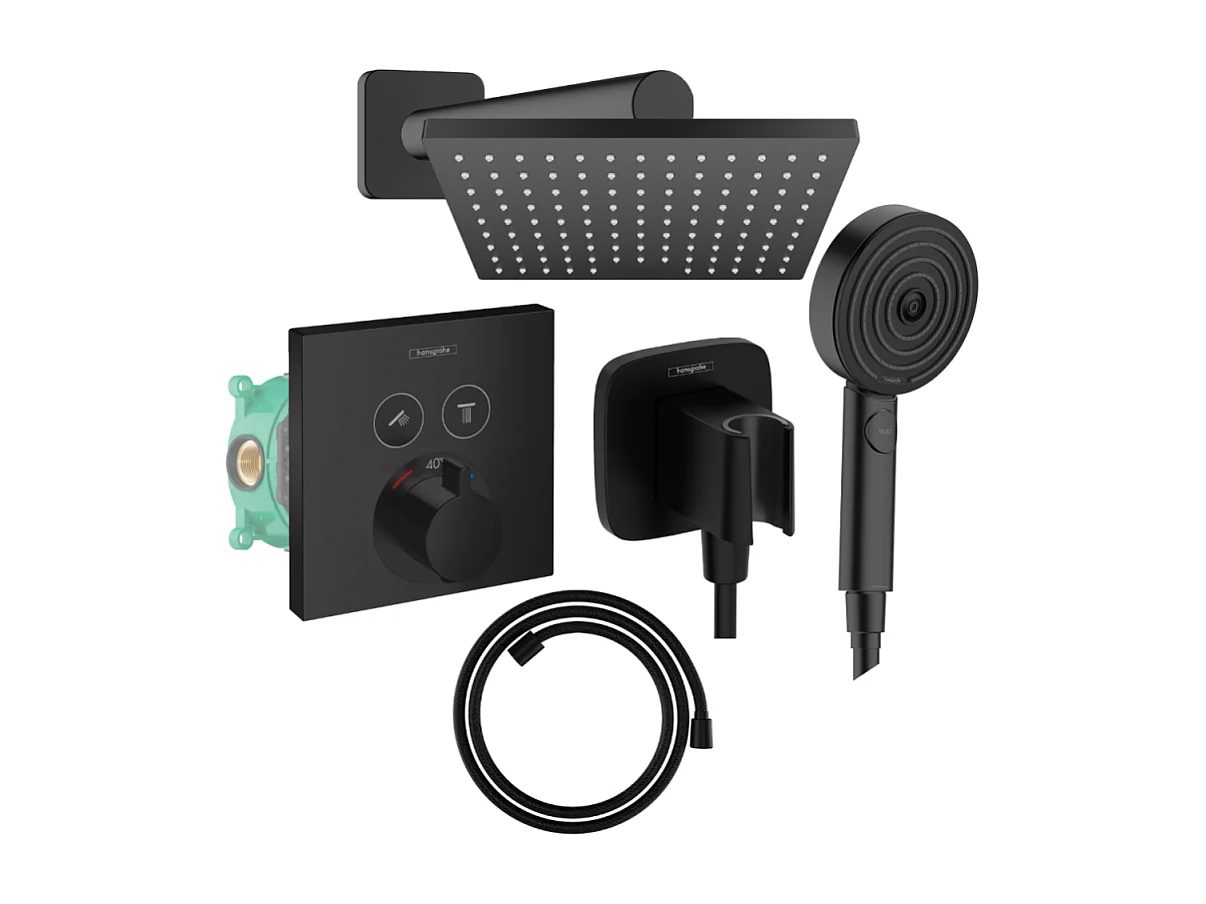Colonne de douche thermostatique HANSGROHE ShowerSelect E Douche de tête Vernis Shape Flexible Designflex Douchette Pulsify noir