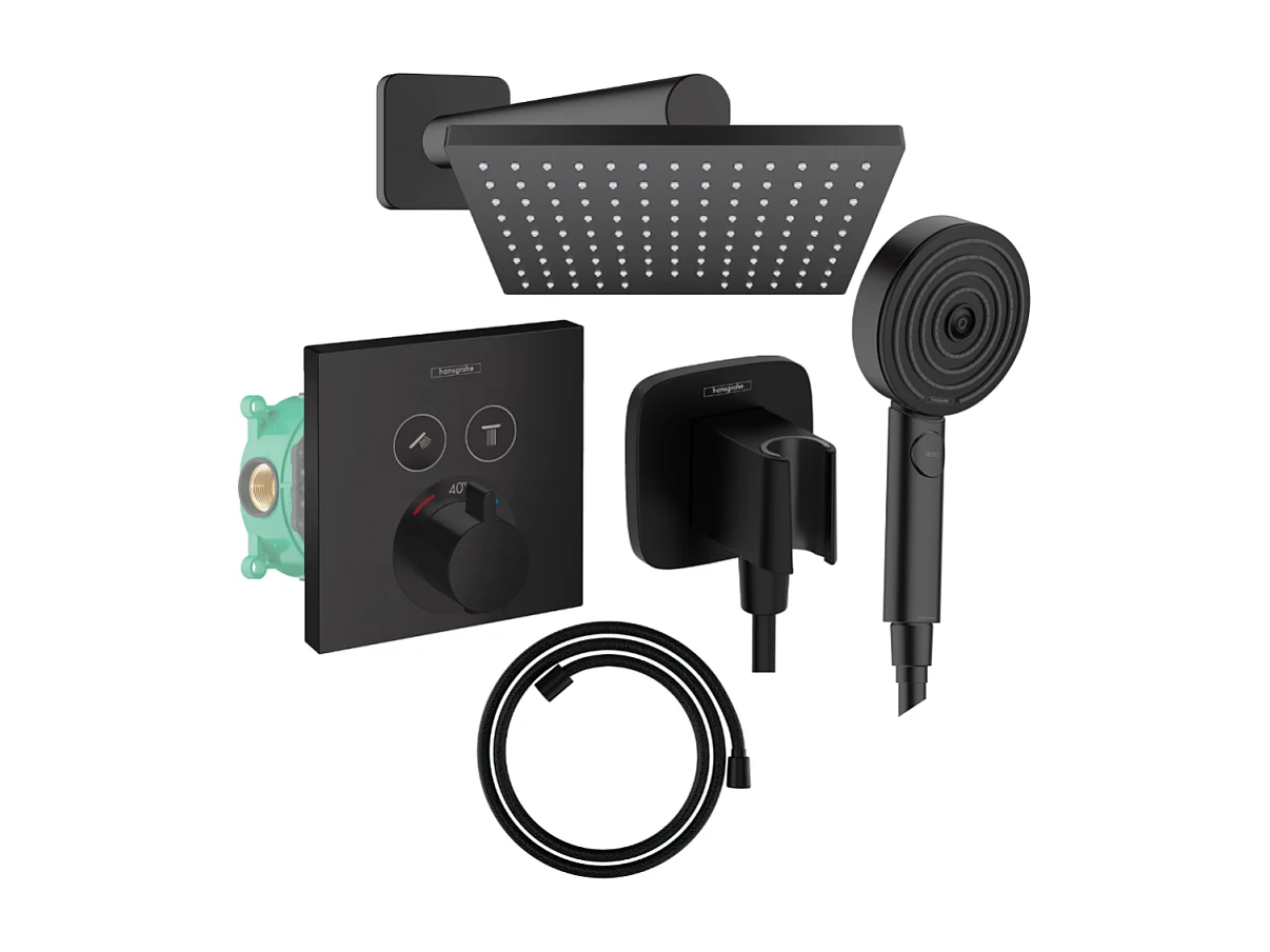 Colonne de douche thermostatique HANSGROHE ShowerSelect E Douche de tête Vernis Shape Flexible Designflex Douchette Pulsify noir