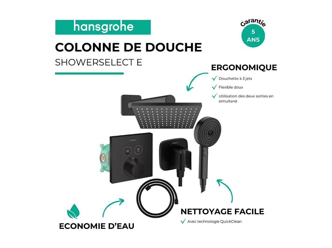 Colonne de douche thermostatique HANSGROHE ShowerSelect E Douche de tête Vernis Shape Flexible Designflex Douchette Pulsify noir