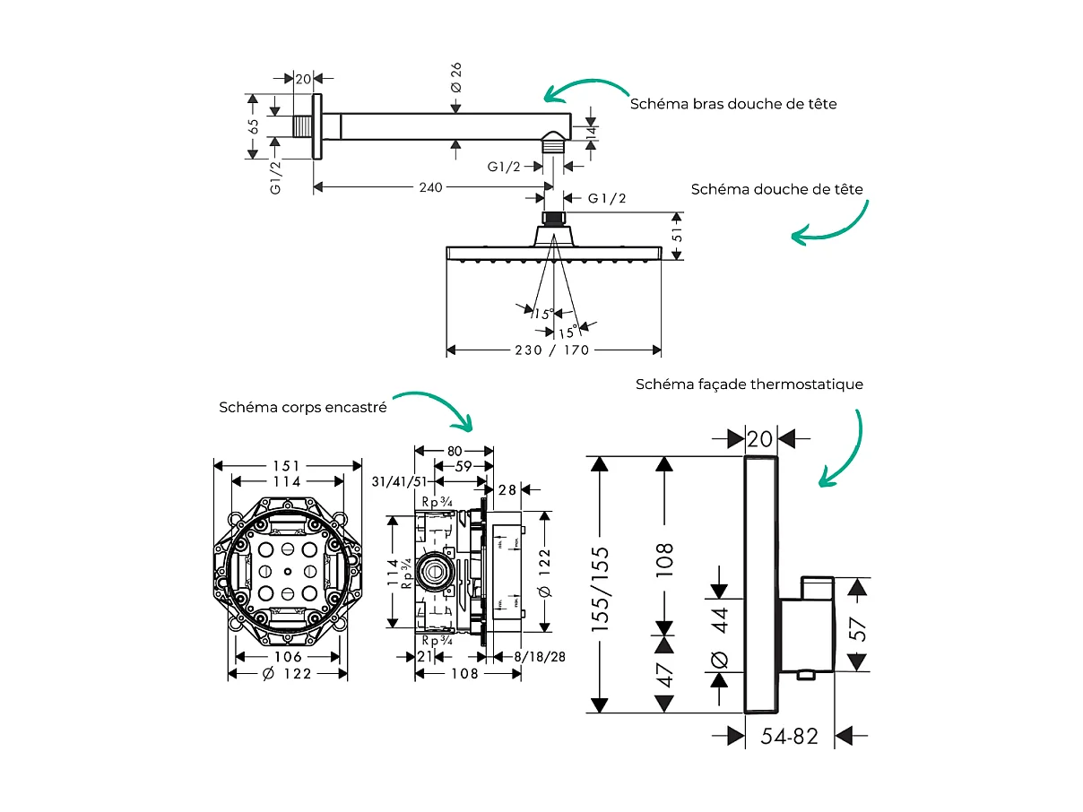 Colonne de douche thermostatique HANSGROHE ShowerSelect E Douche de tête Vernis Shape Flexible Designflex Douchette Pulsify noir