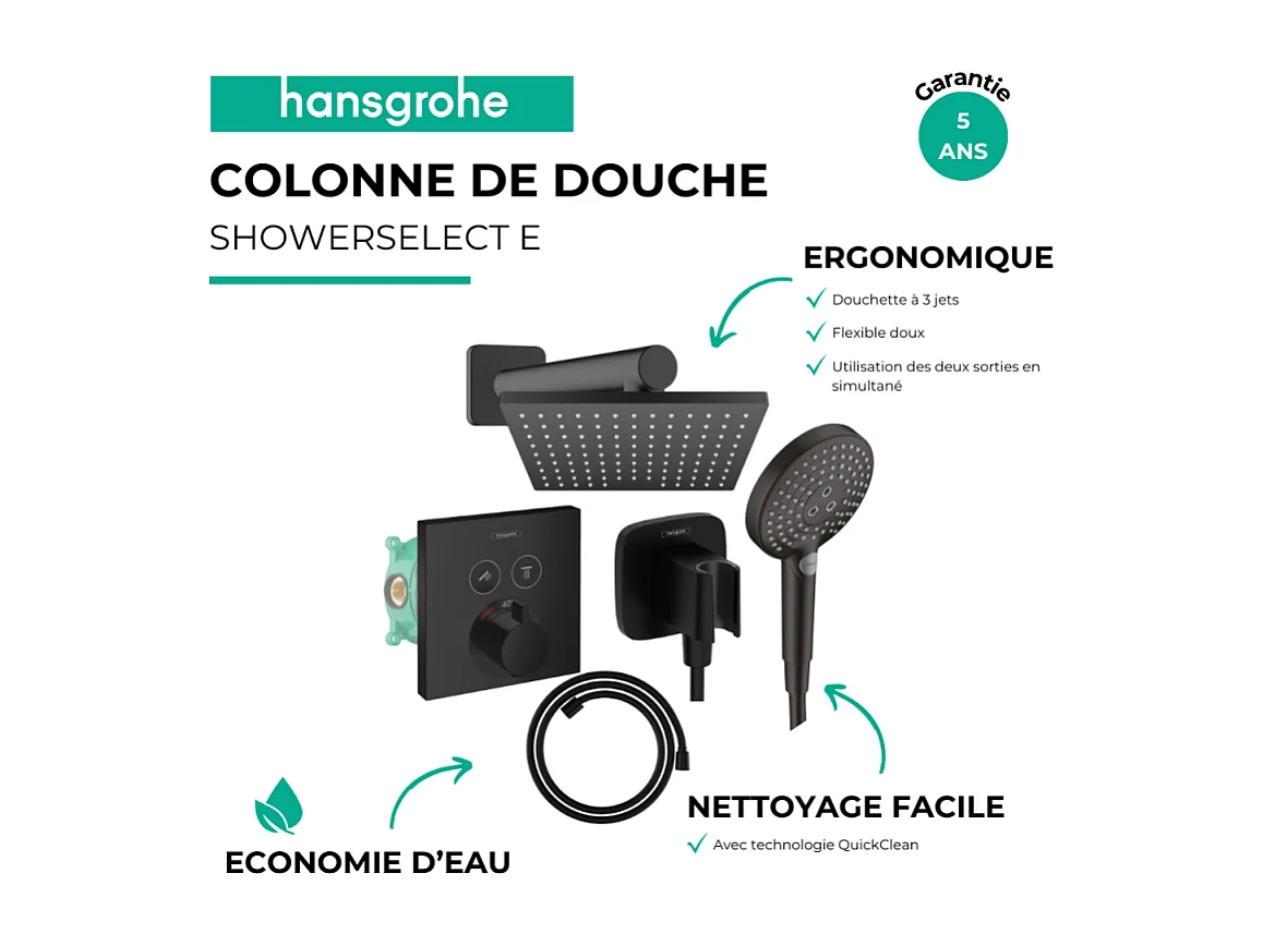 Colonne de douche thermostatique HANSGROHE ShowerSelect E Douche de tête Vernis Shape Flexible Designflex Douchette Raindance noir