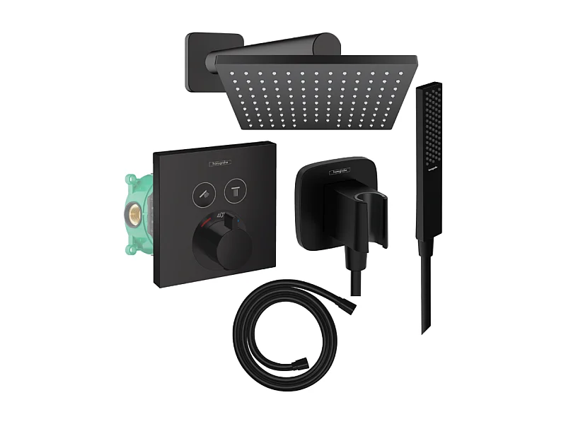 Colonne de douche thermostatique HANSGROHE ShowerSelect E Douche de tête Vernis Shape Flexible Isiflex Douchette PulsifyE noir mat