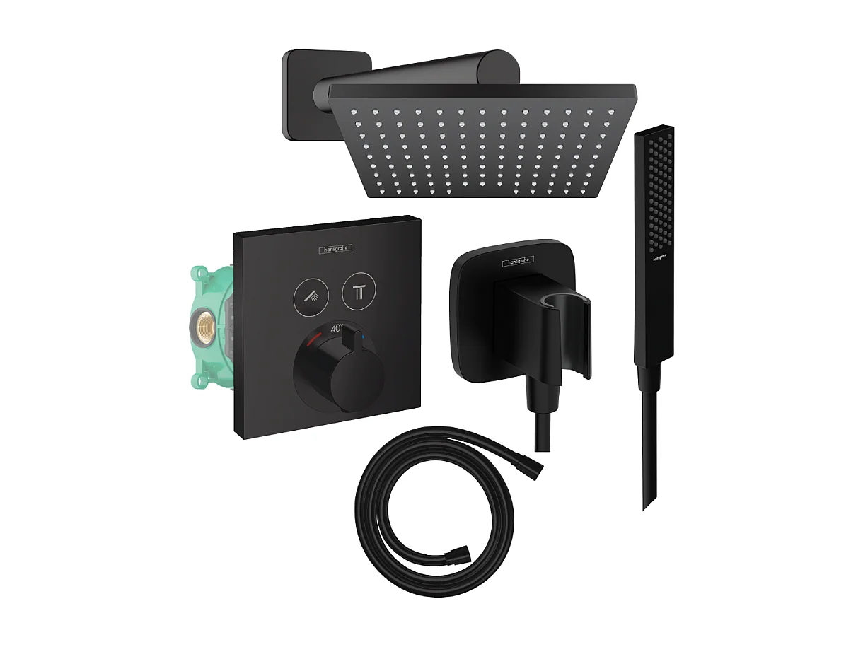 Colonne de douche thermostatique HANSGROHE ShowerSelect E Douche de tête Vernis Shape Flexible Isiflex Douchette PulsifyE noir mat