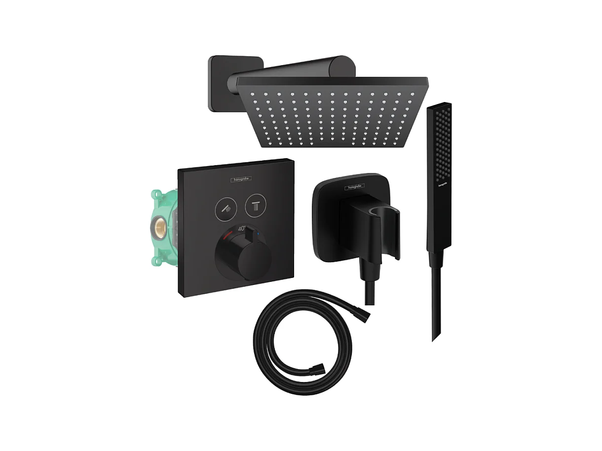 Colonne de douche thermostatique HANSGROHE ShowerSelect E Douche de tête Vernis Shape Flexible Isiflex Douchette PulsifyE noir mat