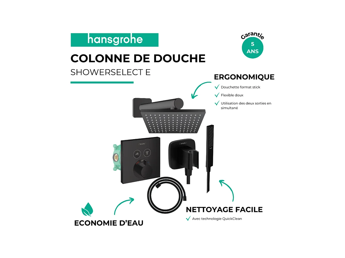 Colonne de douche thermostatique HANSGROHE ShowerSelect E Douche de tête Vernis Shape Flexible Isiflex Douchette PulsifyE noir mat