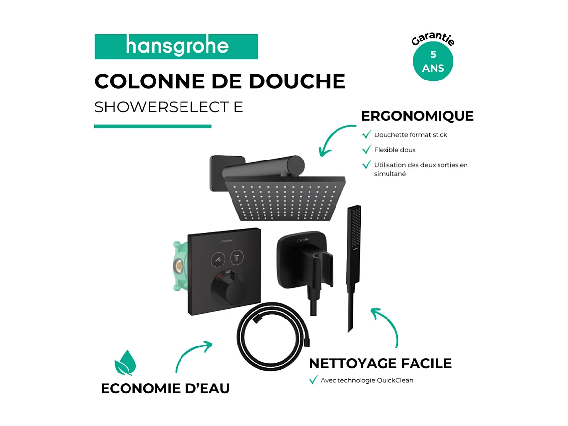 Colonne de douche thermostatique HANSGROHE ShowerSelect E Douche de tête Vernis Shape Flexible Isiflex Douchette PulsifyE noir mat
