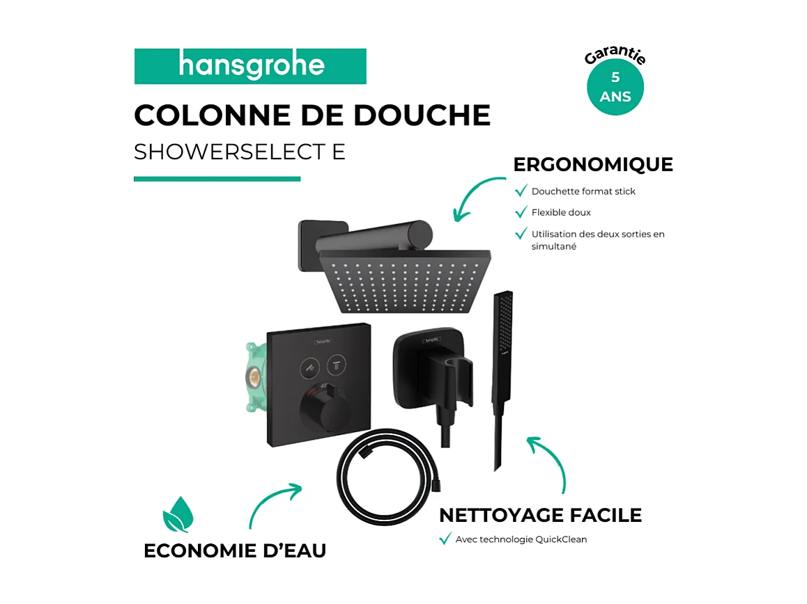 Colonne de douche thermostatique HANSGROHE ShowerSelect E Douche de tête Vernis Shape Flexible Isiflex Douchette PulsifyE noir mat