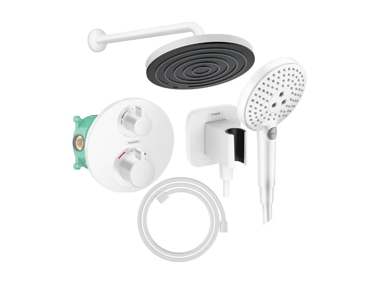 Colonne douche thermostatique HANSGROHE Ecostat S Douche de tête Pulsify S Flexible Designflex Douchette Raindance Select S blanc