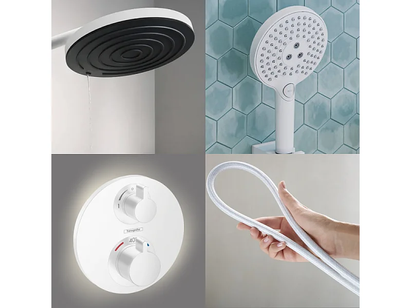 Colonne douche thermostatique HANSGROHE Ecostat S Douche de tête Pulsify S Flexible Designflex Douchette Raindance Select S blanc