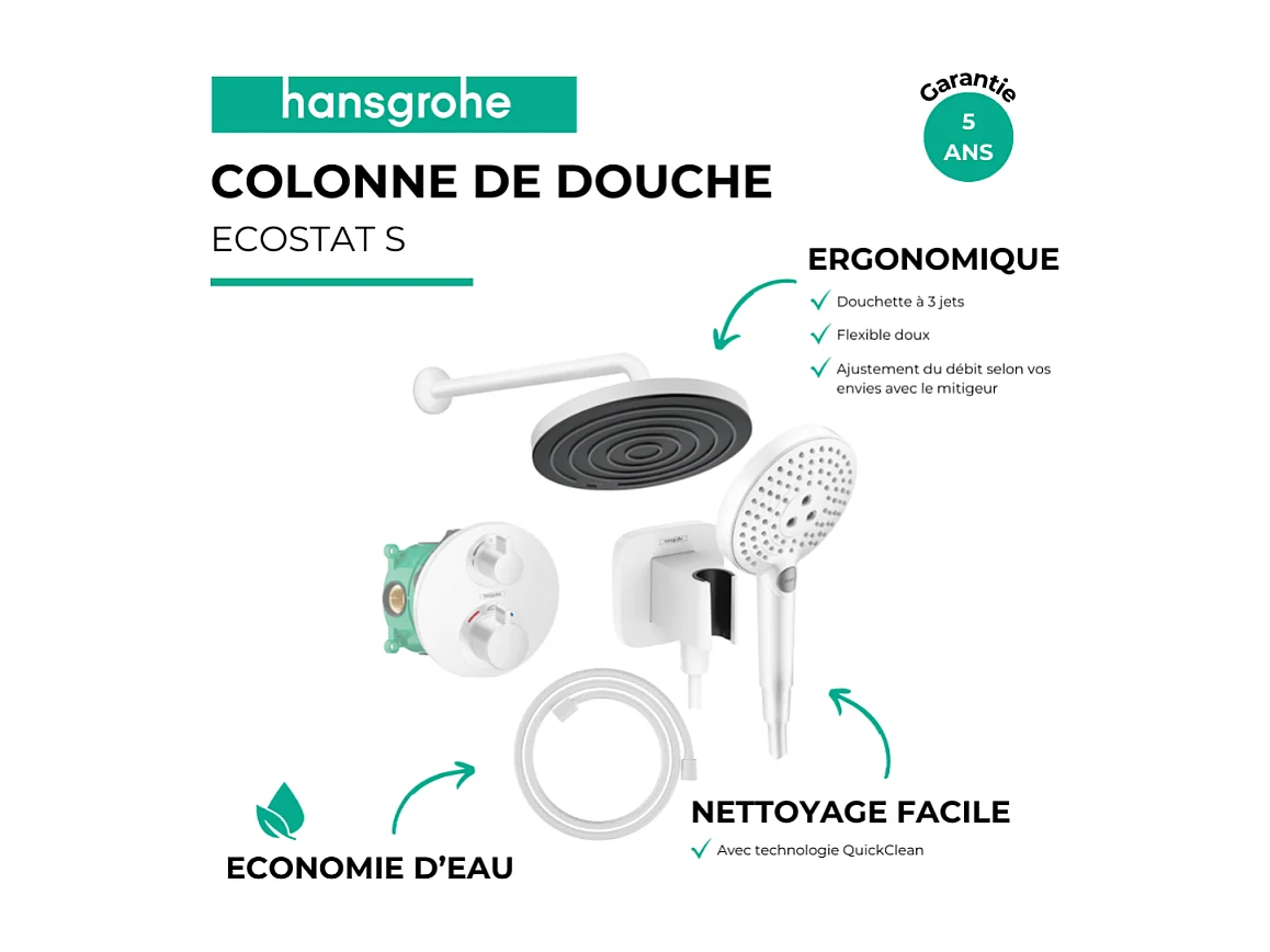 Colonne douche thermostatique HANSGROHE Ecostat S Douche de tête Pulsify S Flexible Designflex Douchette Raindance Select S blanc