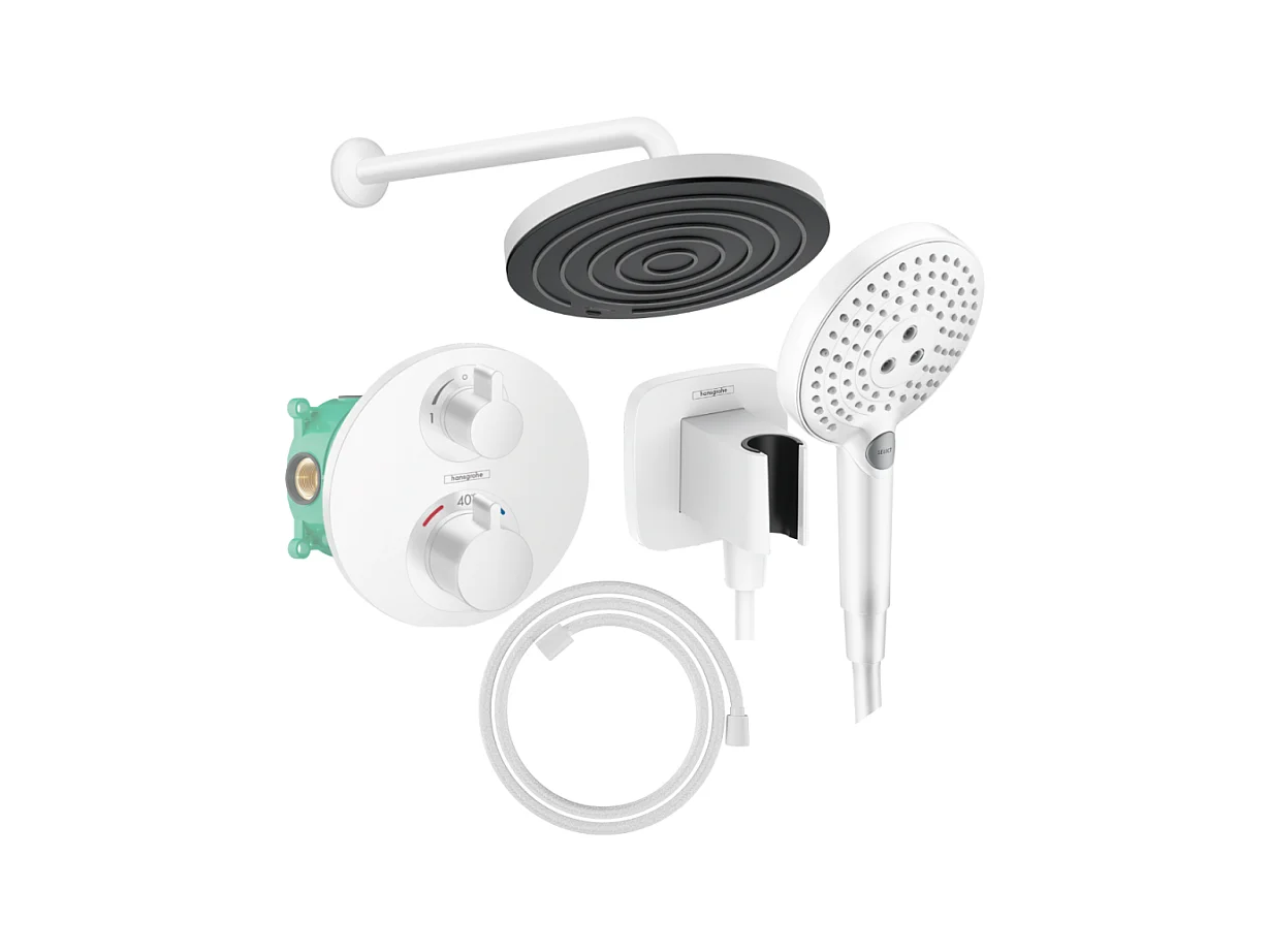 Colonne douche thermostatique HANSGROHE Ecostat S Douche de tête Pulsify S Flexible Designflex Douchette Raindance Select S blanc
