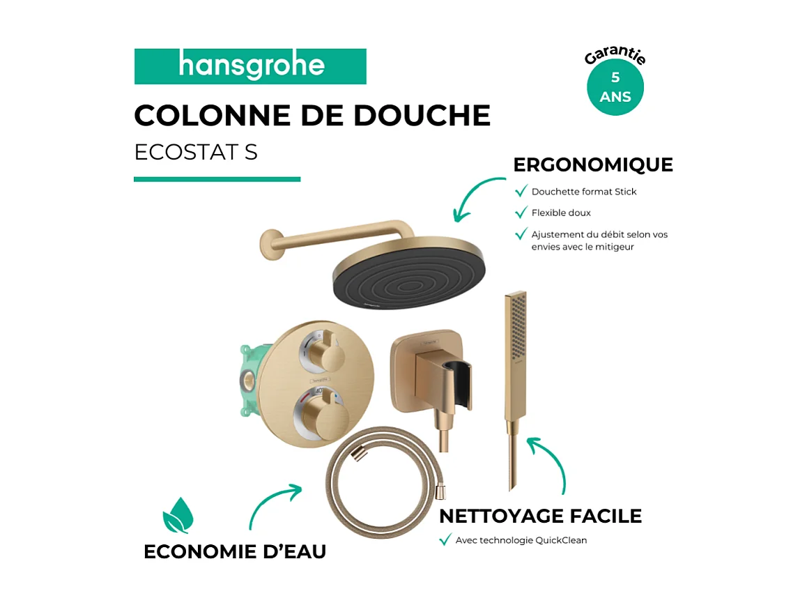 Colonne de douche thermostatique HANSGROHE Ecostat S Douche de tête Pulsify S Flexible Designflex Douchette Pulsify E  bronze