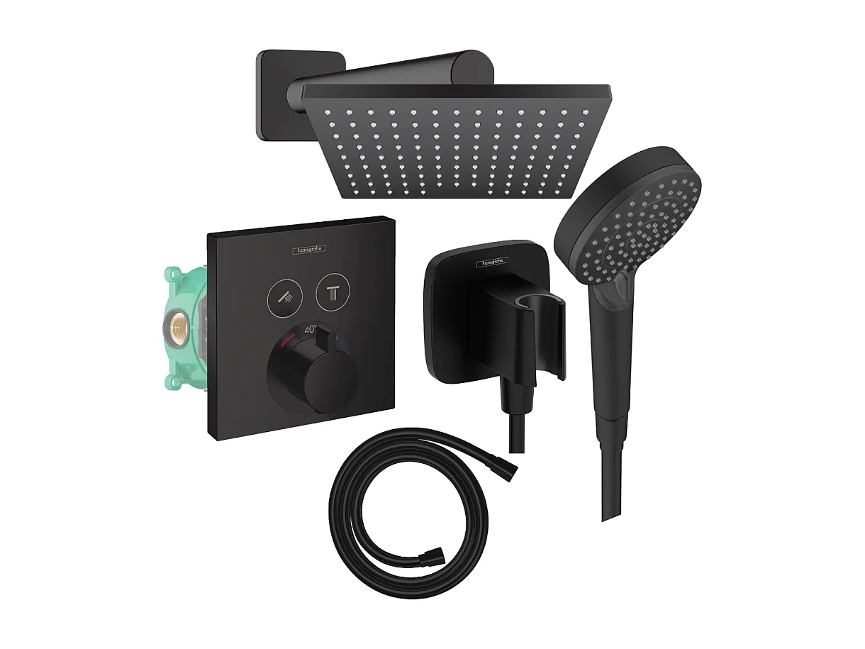 Colonne de douche thermostatique HANSGROHE ShowerSelect E Douche de tête Vernis Shape Flexible Isiflex Douchette Vernis B noir mat