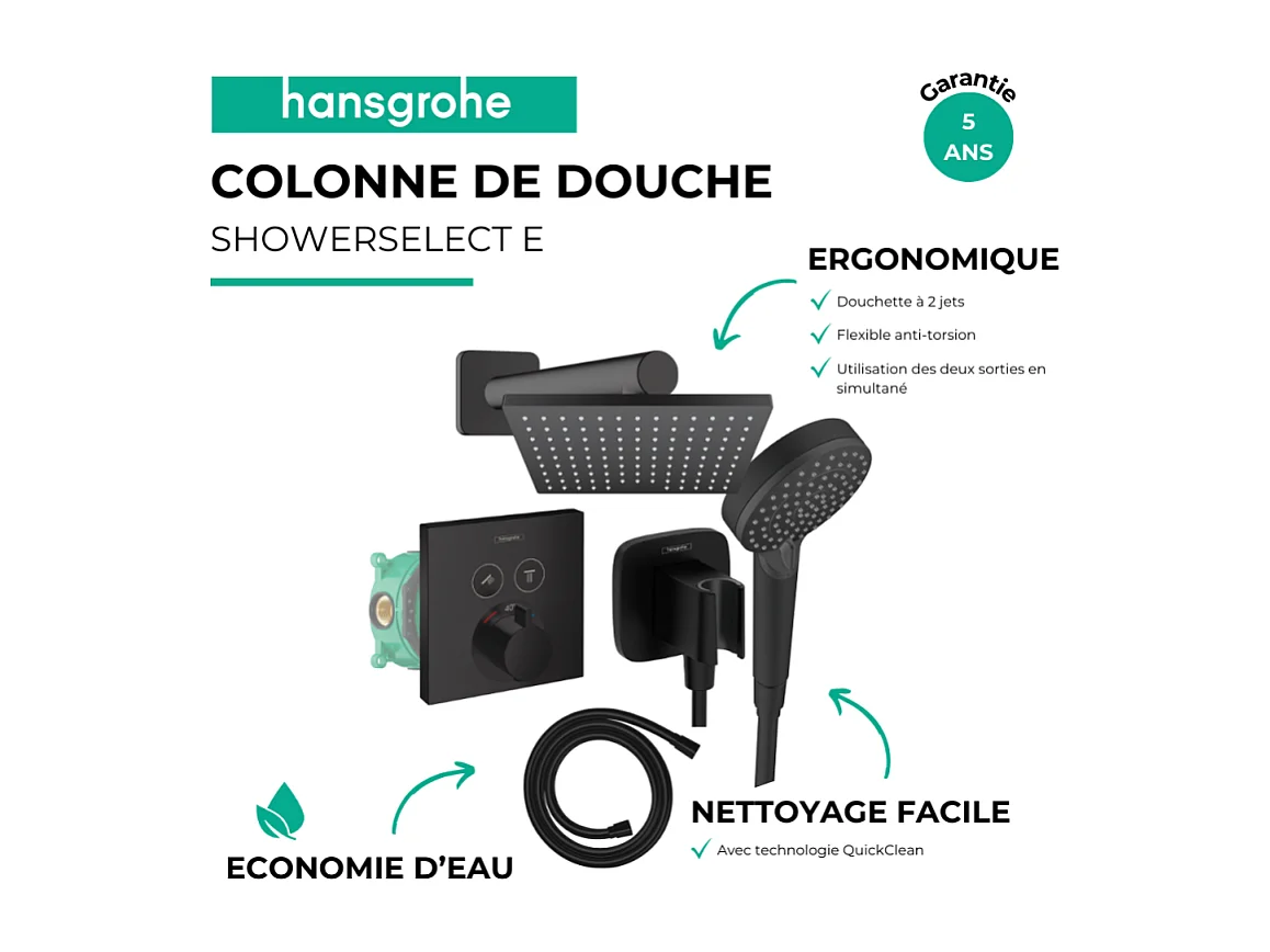 Colonne de douche thermostatique HANSGROHE ShowerSelect E Douche de tête Vernis Shape Flexible Isiflex Douchette Vernis B noir mat